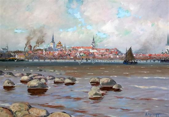 Andrei Afanasievich Egorov (Russian 1878-1954) A View of Tallinn, formerly Reval, Capital of Estonia on the Baltic Sea 12.75 x 19.5in.